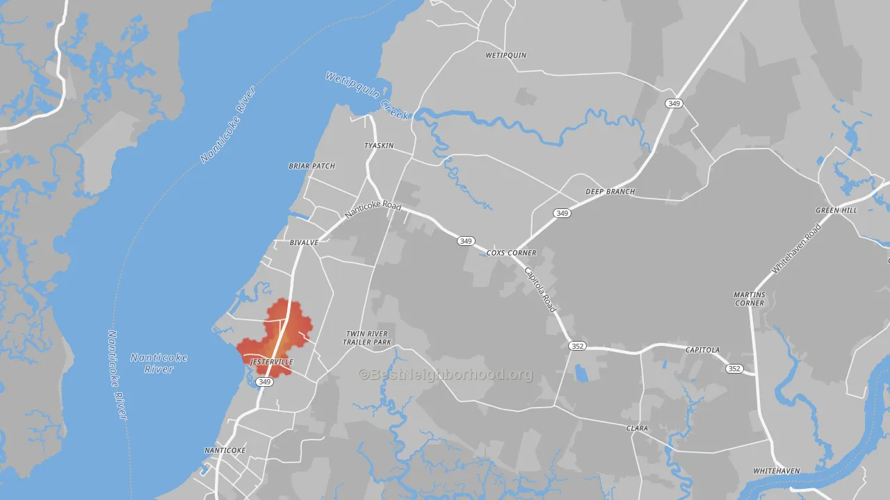 Walk Grade map of 21865, MD, walkable areas in green and car-dependent areas in red