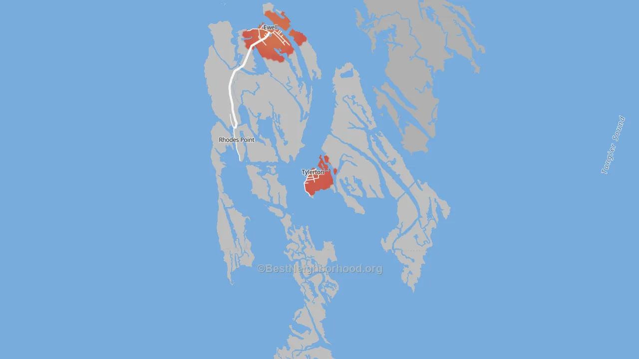 Walk Grade map of 21866, MD, walkable areas in green and car-dependent areas in red