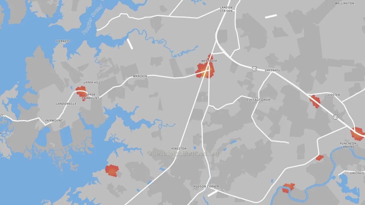 Walk Grade map of 21871, MD, walkable areas in green and car-dependent areas in red