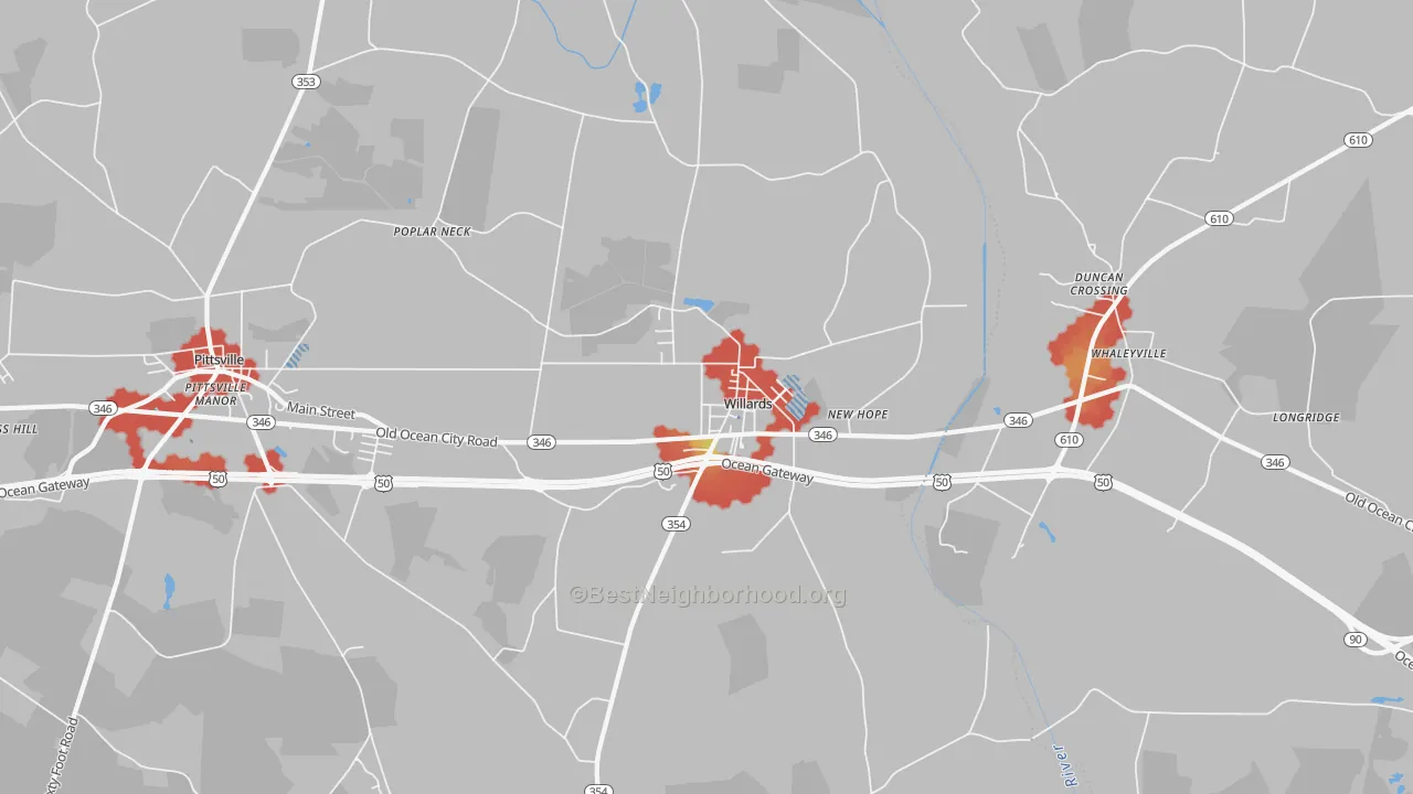 Walk Grade map of 21874, MD, walkable areas in green and car-dependent areas in red