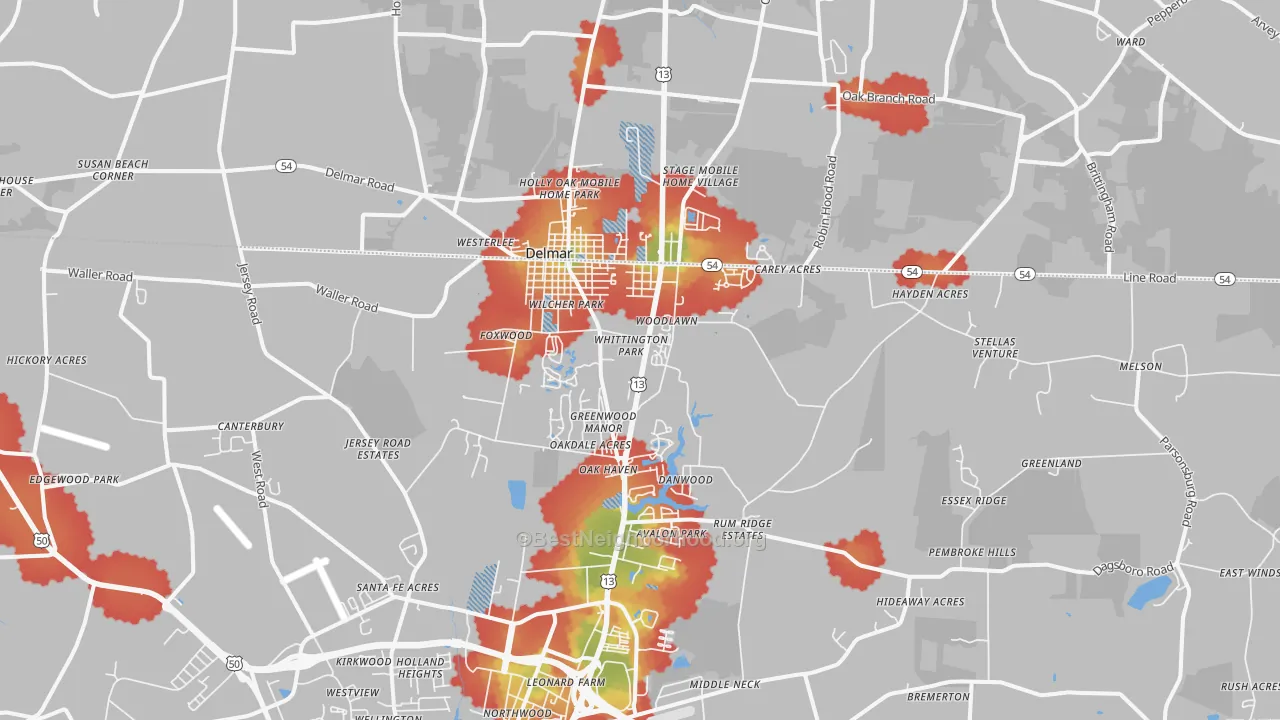 Walk Grade map of 21875, MD, walkable areas in green and car-dependent areas in red