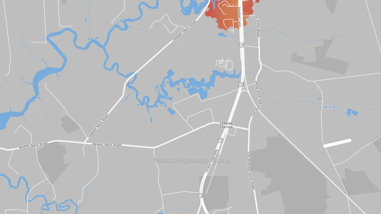 Walk Grade map of 21890, MD, walkable areas in green and car-dependent areas in red