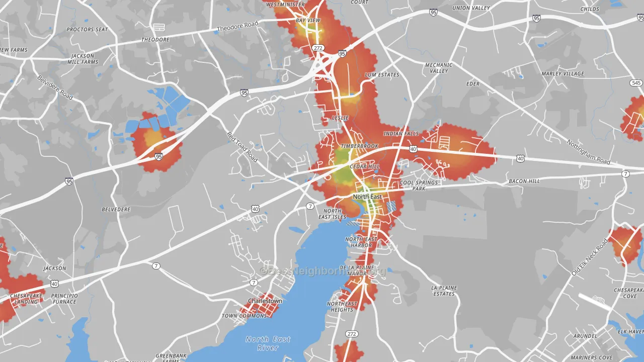Walk Grade map of 21901, MD, walkable areas in green and car-dependent areas in red