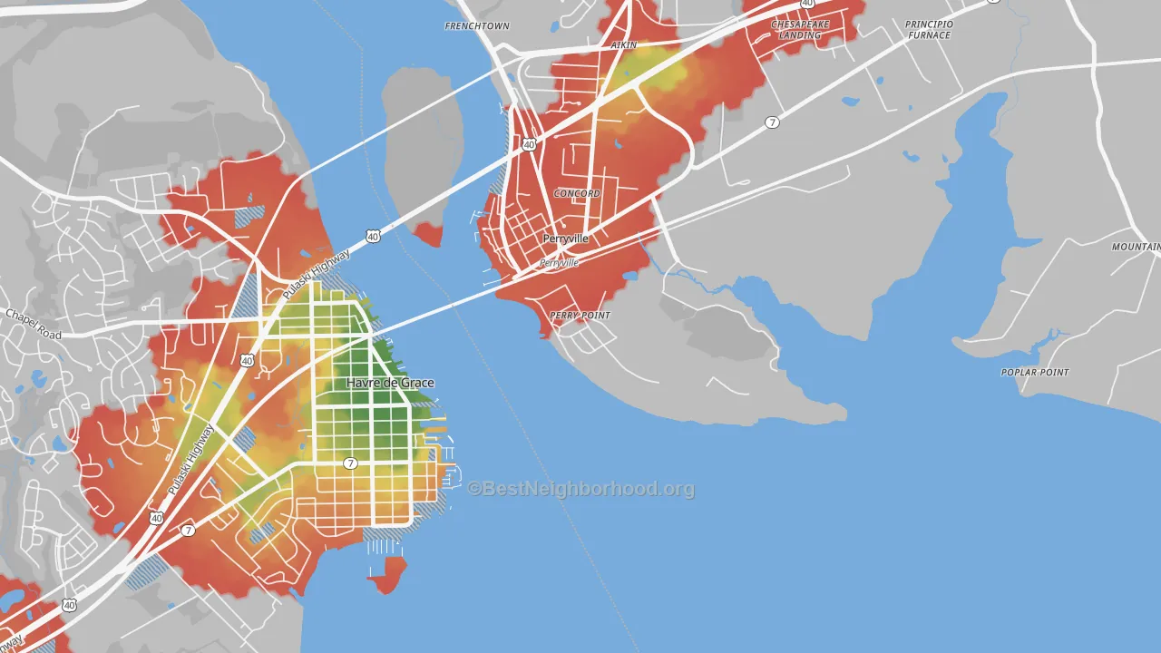 Walk Grade map of 21902, MD, walkable areas in green and car-dependent areas in red