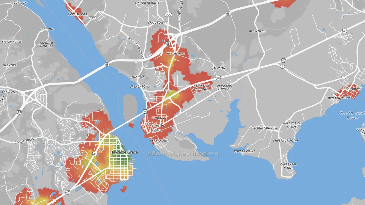 Walk Grade map of 21903, MD, walkable areas in green and car-dependent areas in red