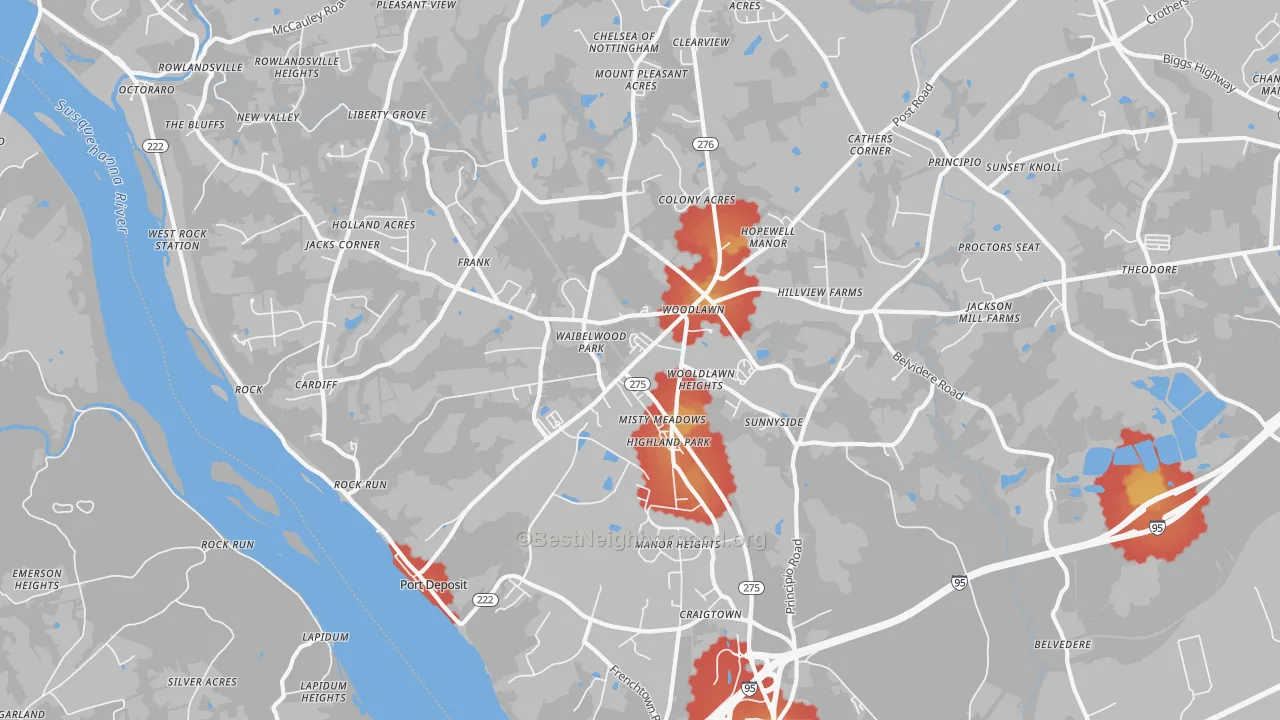 Walk Grade map of 21904, MD, walkable areas in green and car-dependent areas in red