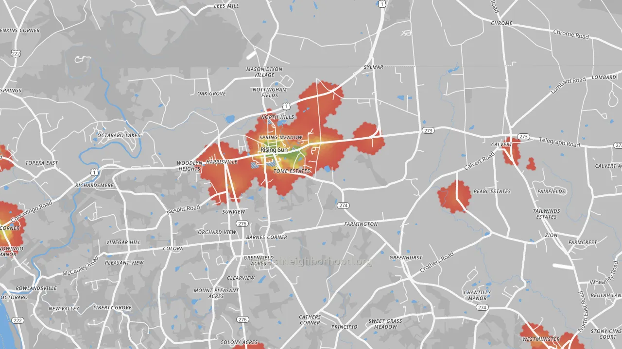 Walk Grade map of 21911, MD, walkable areas in green and car-dependent areas in red