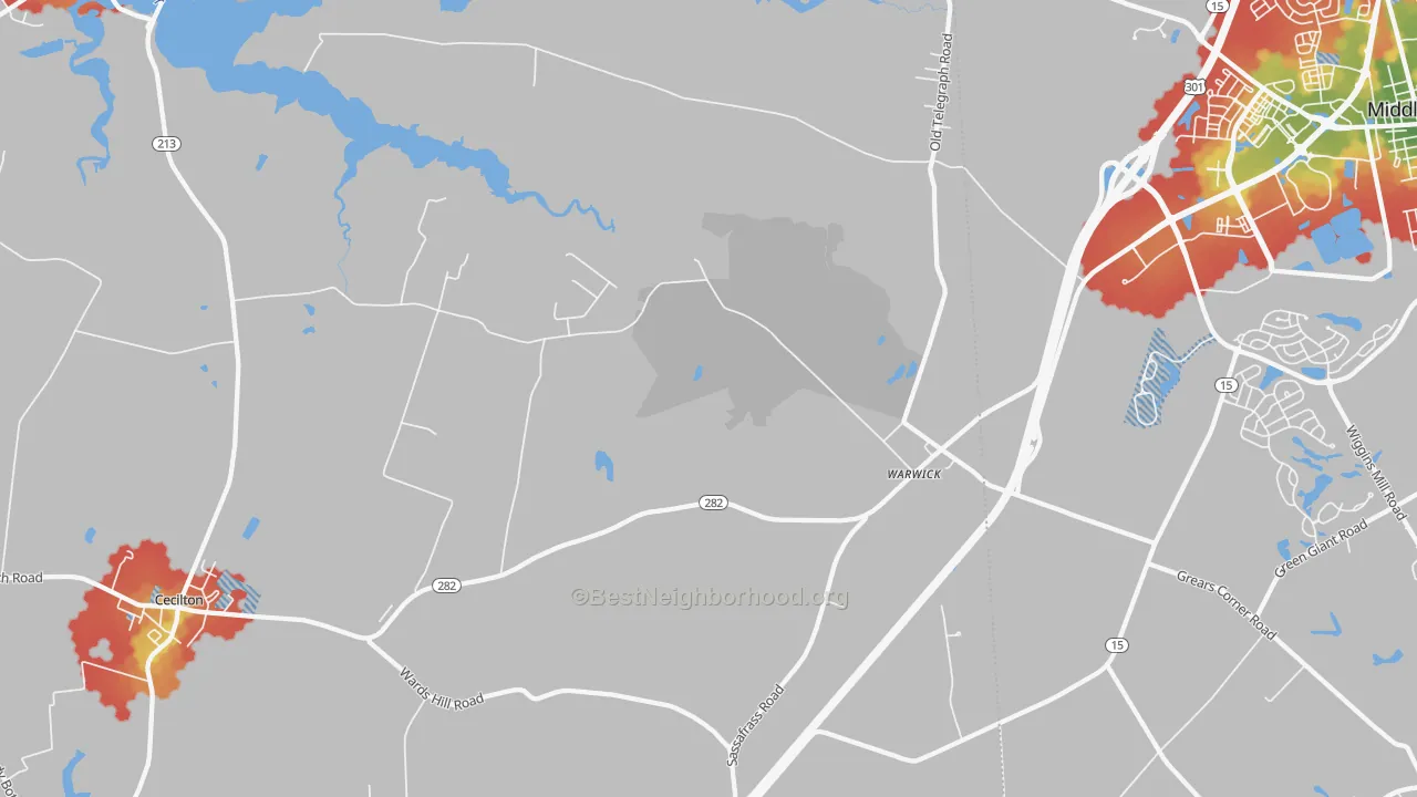 Walk Grade map of 21912, MD, walkable areas in green and car-dependent areas in red