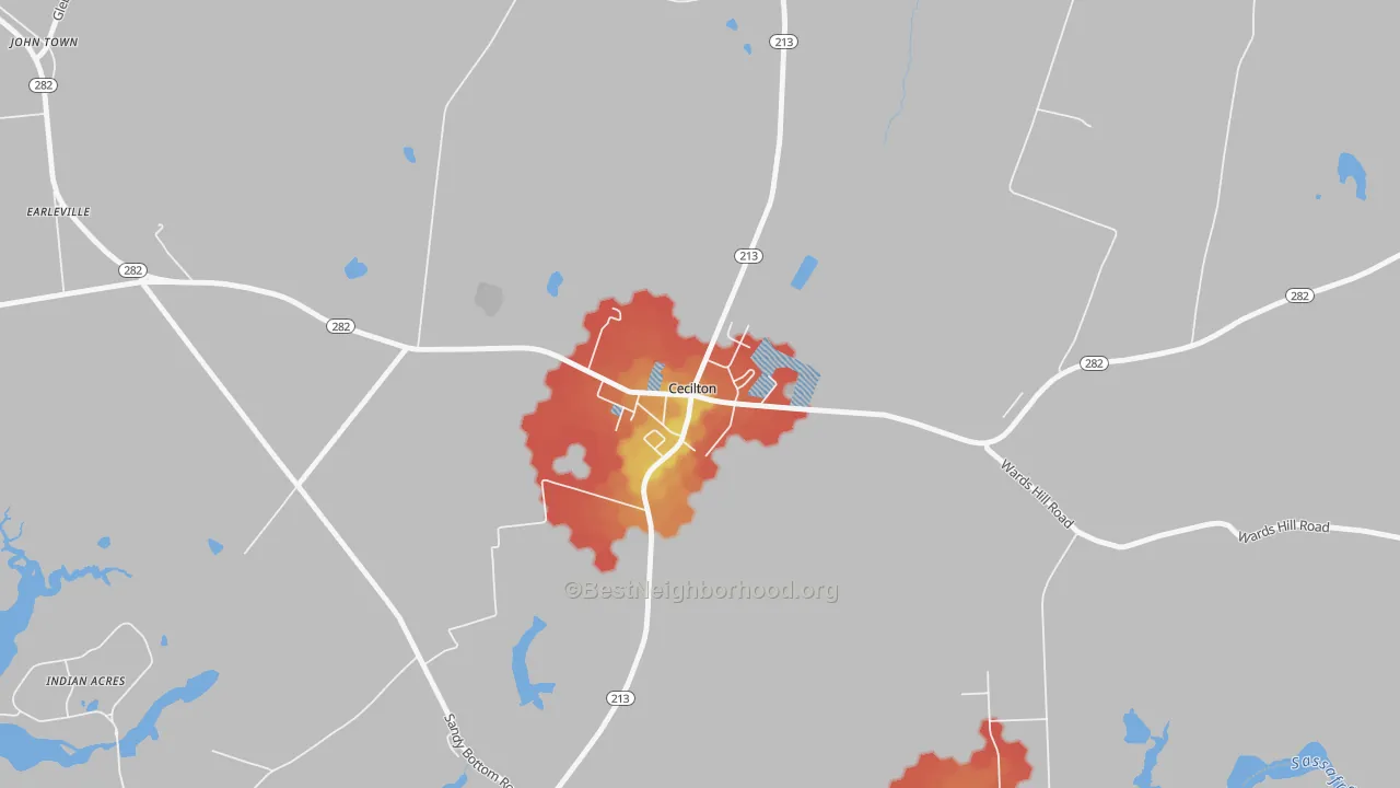 Walk Grade map of 21913, MD, walkable areas in green and car-dependent areas in red