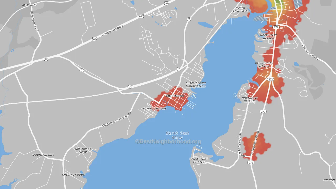 Walk Grade map of 21914, MD, walkable areas in green and car-dependent areas in red