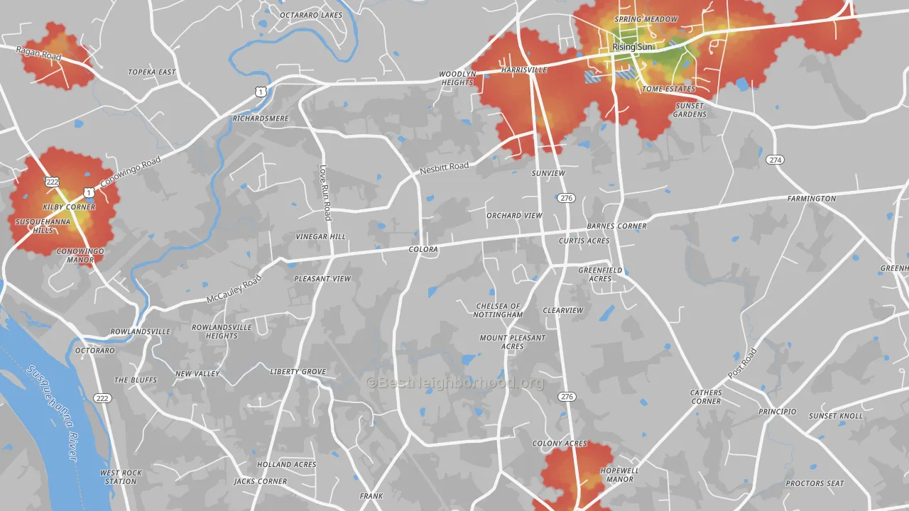 Walk Grade map of 21917, MD, walkable areas in green and car-dependent areas in red