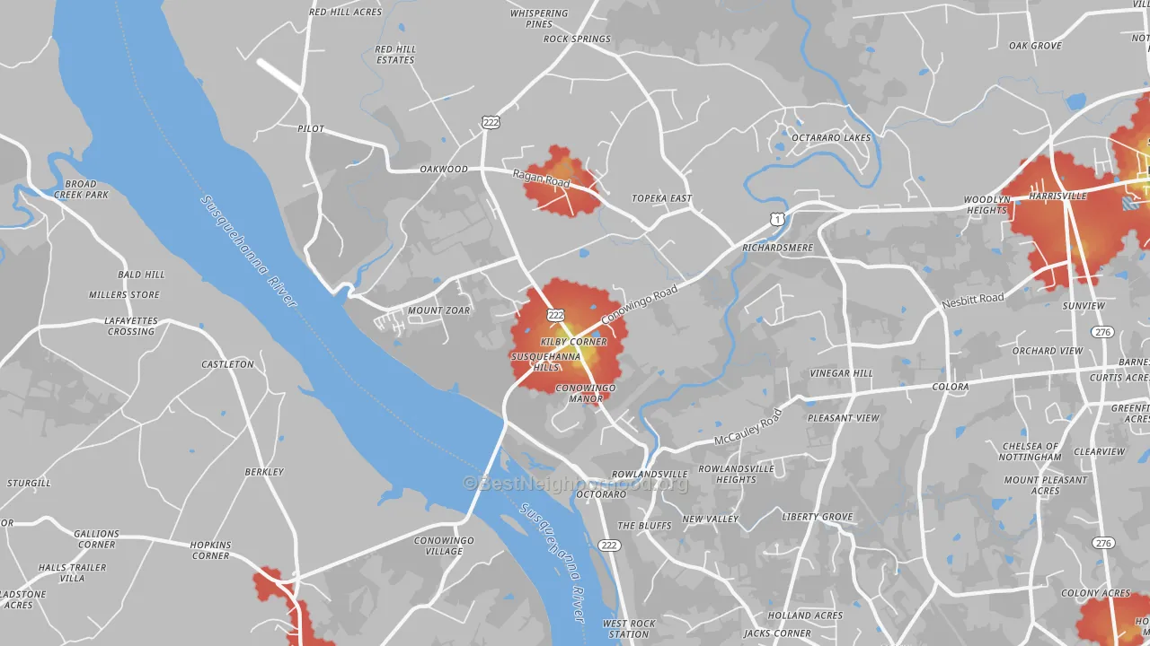 Walk Grade map of 21918, MD, walkable areas in green and car-dependent areas in red