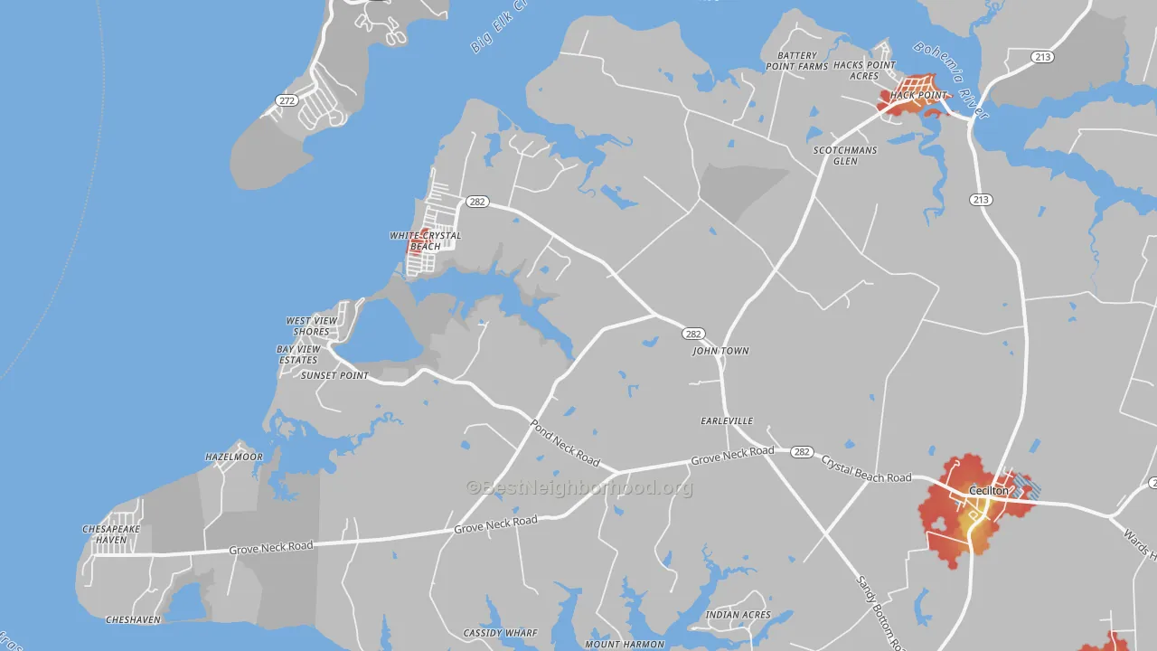 Walk Grade map of 21919, MD, walkable areas in green and car-dependent areas in red