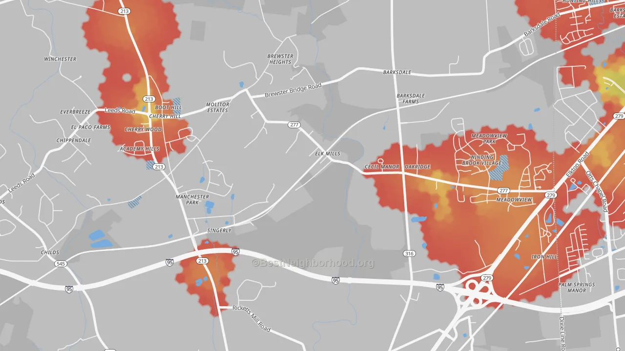Walk Grade map of 21920, MD, walkable areas in green and car-dependent areas in red