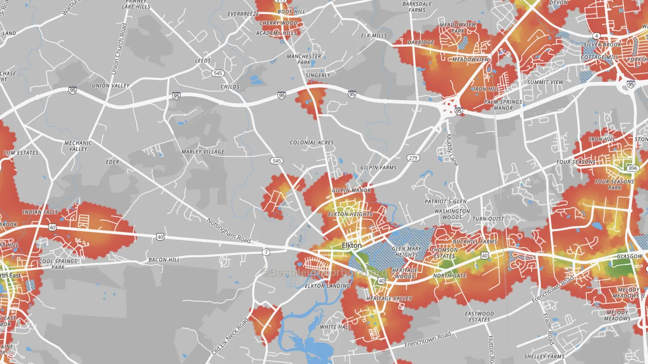 Walk Grade map of 21921, MD, walkable areas in green and car-dependent areas in red
