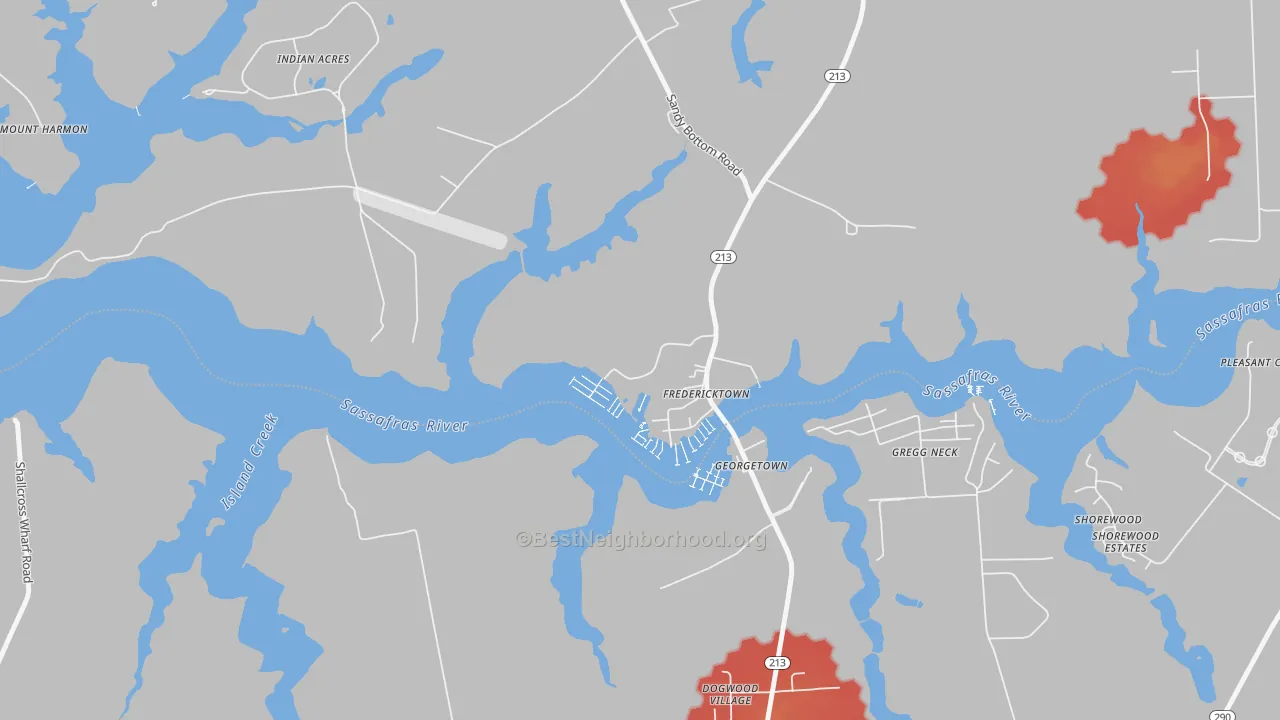 Walk Grade map of 21930, MD, walkable areas in green and car-dependent areas in red