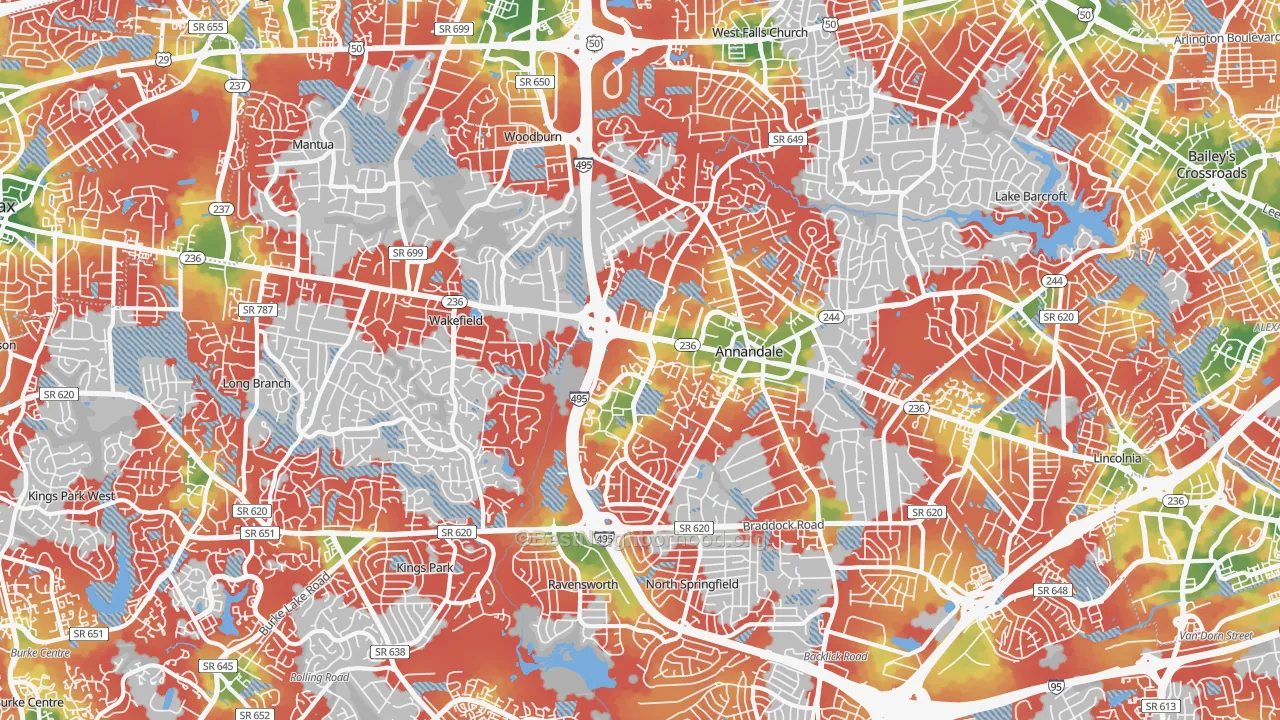 Walk Grade map of 22003, VA, walkable areas in green and car-dependent areas in red