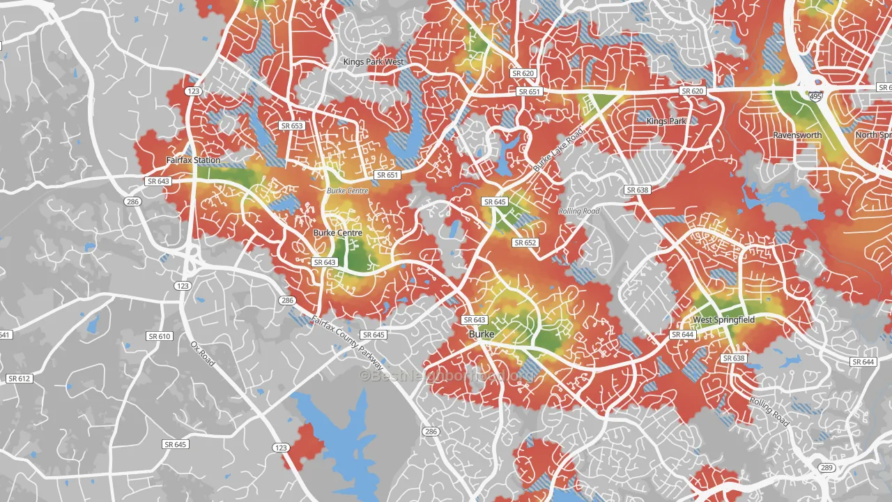 Walk Grade map of 22015, VA, walkable areas in green and car-dependent areas in red