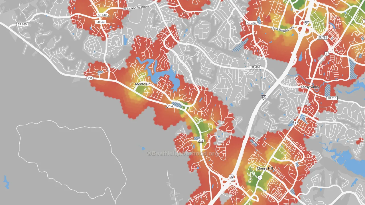 Walk Grade map of 22025, VA, walkable areas in green and car-dependent areas in red