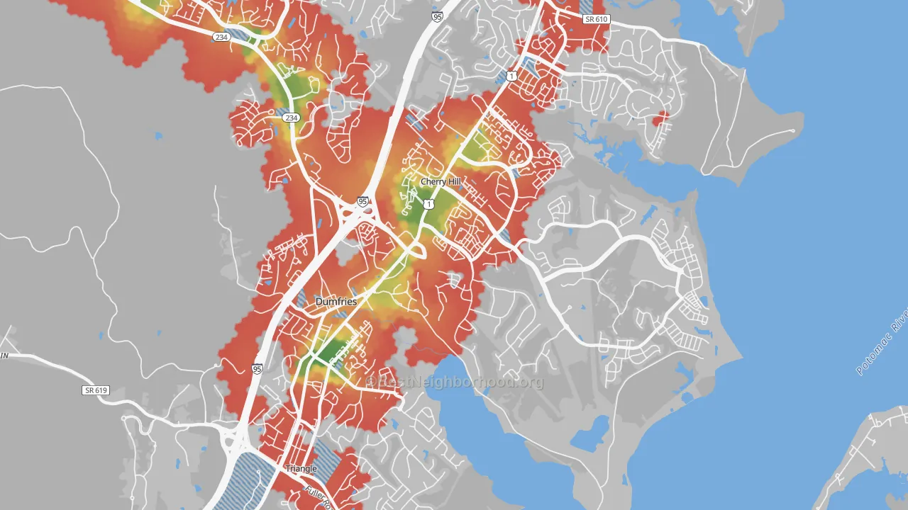 Walk Grade map of 22026, VA, walkable areas in green and car-dependent areas in red