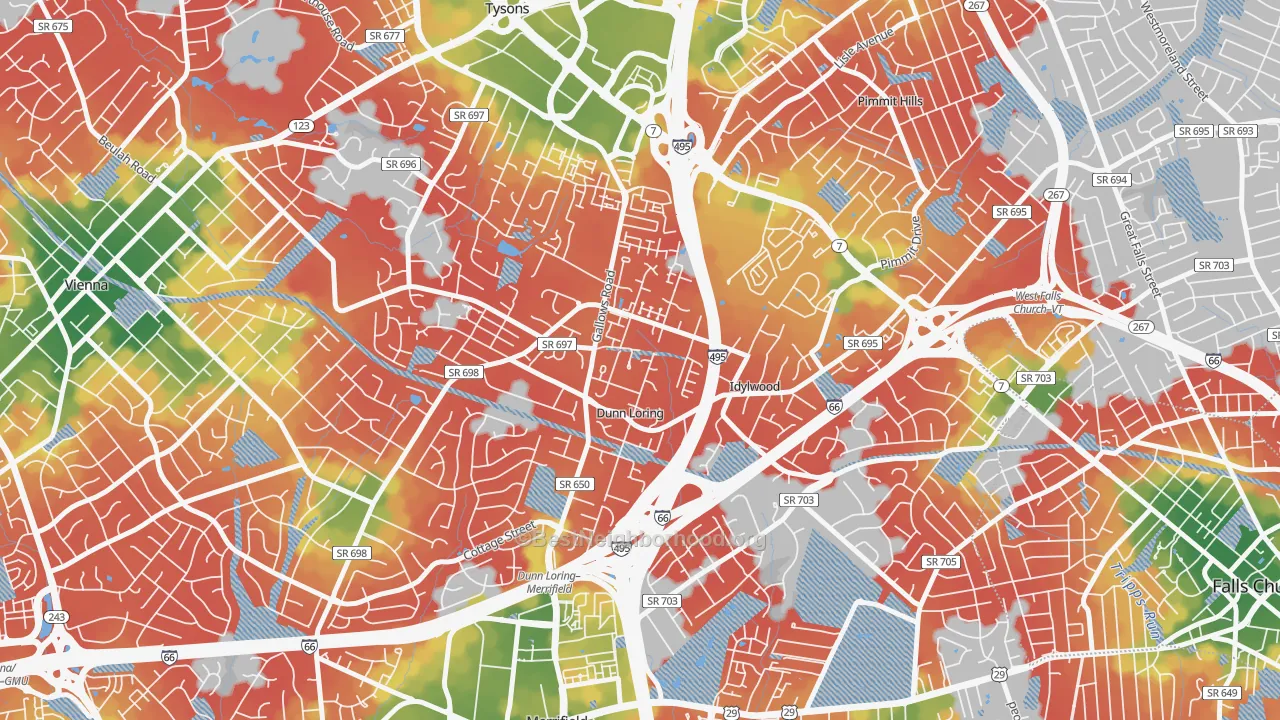 Walk Grade map of 22027, VA, walkable areas in green and car-dependent areas in red