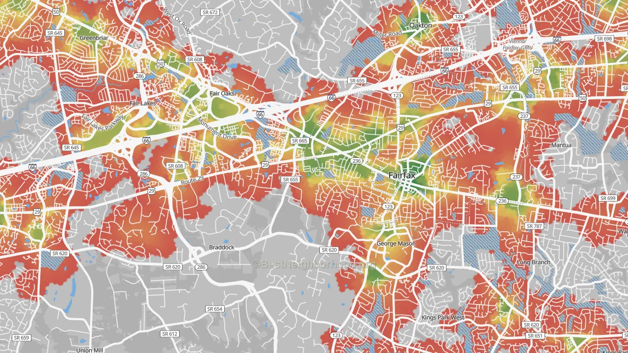 Walk Grade map of 22030, VA, walkable areas in green and car-dependent areas in red