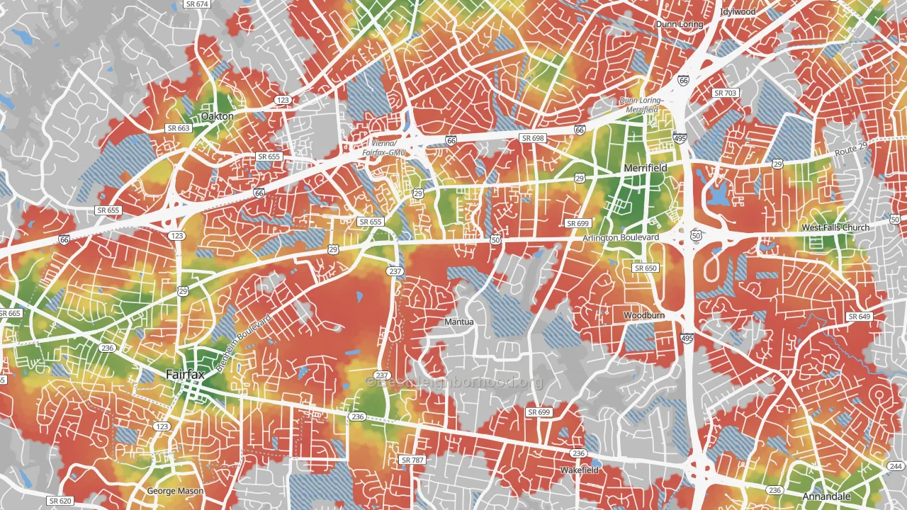 Walk Grade map of 22031, VA, walkable areas in green and car-dependent areas in red