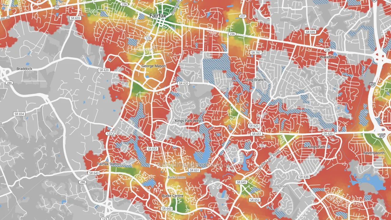 Walk Grade map of 22032, VA, walkable areas in green and car-dependent areas in red