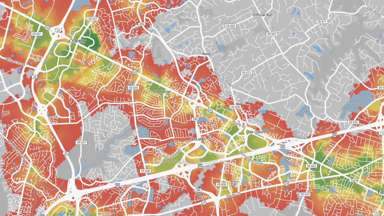 Walk Grade map of 22033, VA, walkable areas in green and car-dependent areas in red