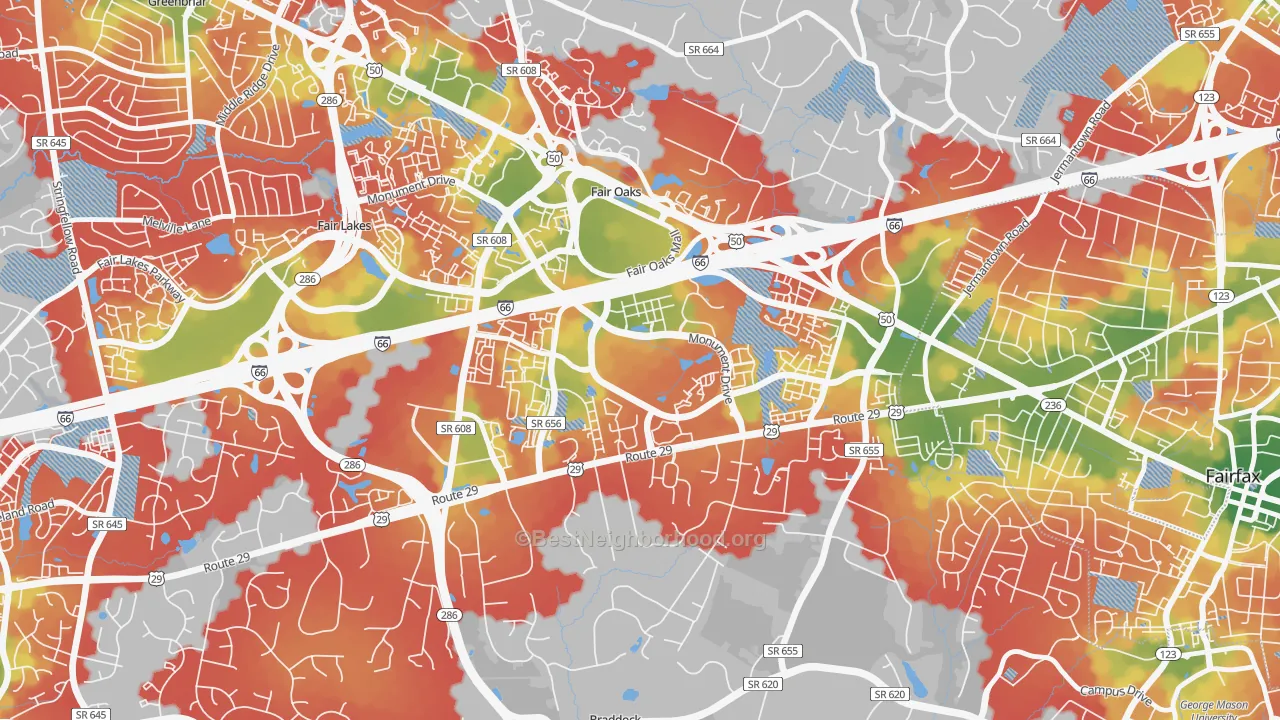 Walk Grade map of 22035, VA, walkable areas in green and car-dependent areas in red
