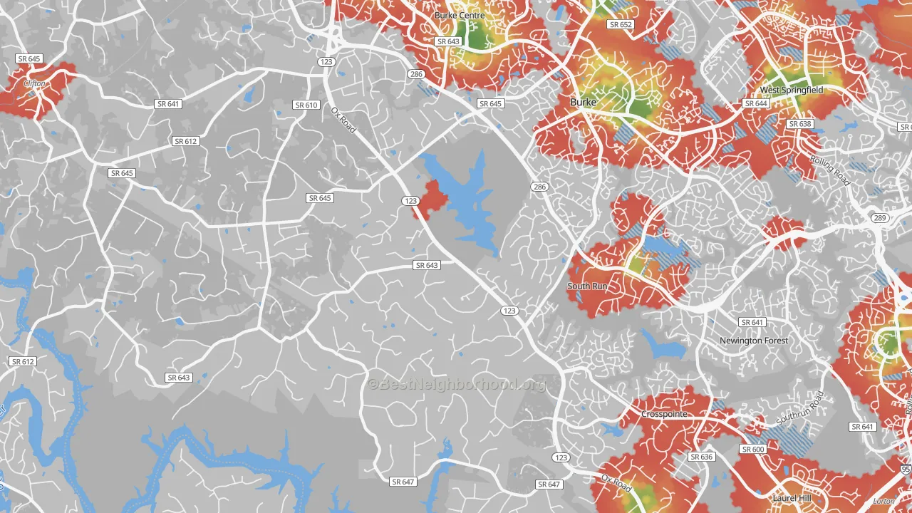 Walk Grade map of 22039, VA, walkable areas in green and car-dependent areas in red