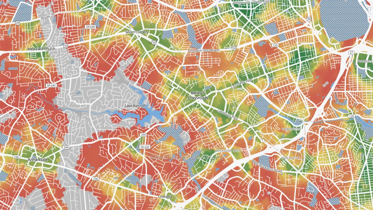 Walk Grade map of 22041, VA, walkable areas in green and car-dependent areas in red