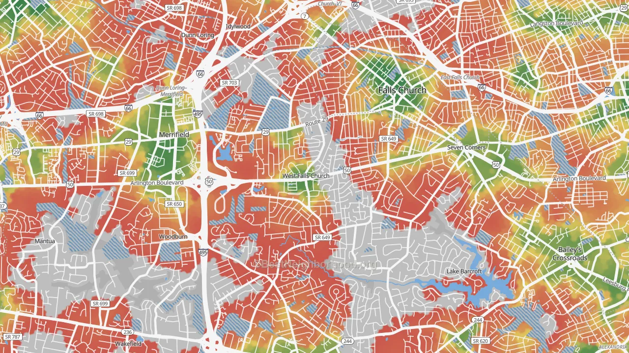 Walk Grade map of 22042, VA, walkable areas in green and car-dependent areas in red