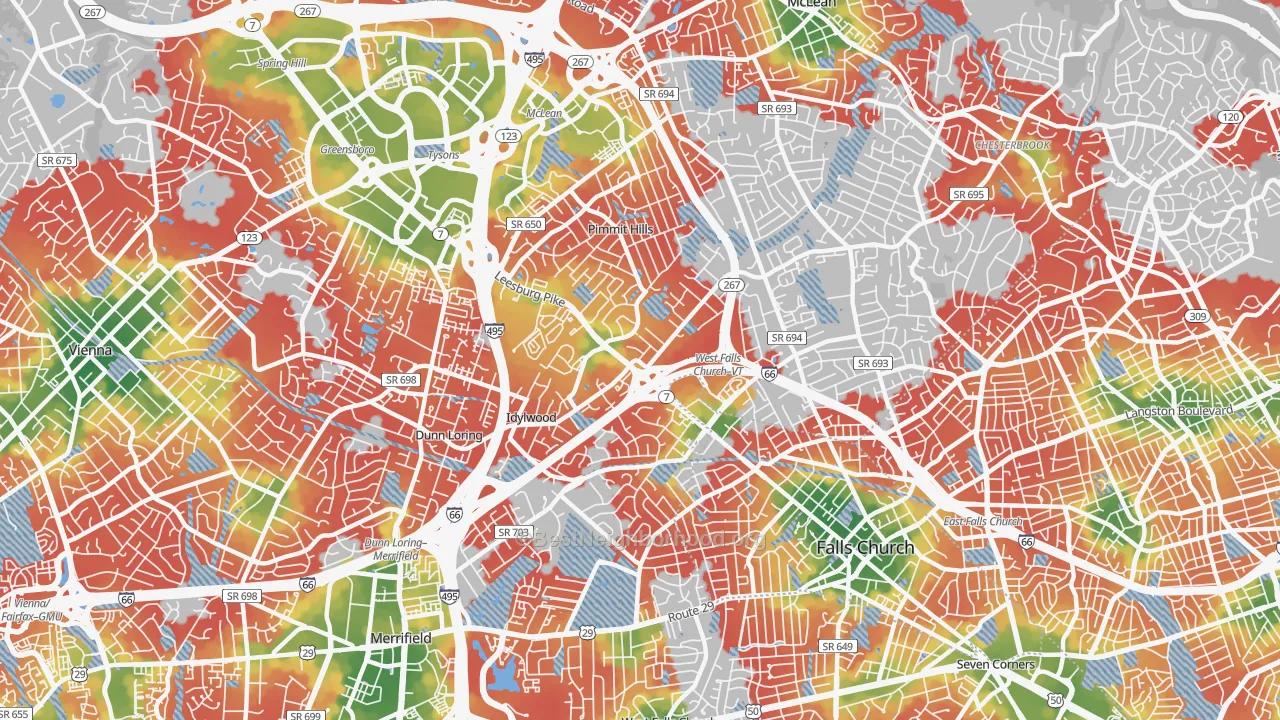 Walk Grade map of 22043, VA, walkable areas in green and car-dependent areas in red