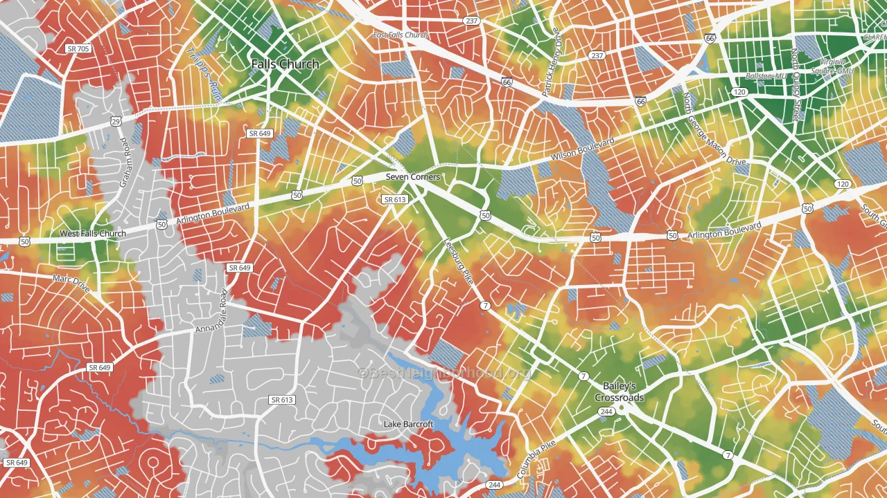 Walk Grade map of 22044, VA, walkable areas in green and car-dependent areas in red