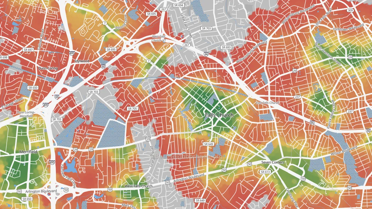 Walk Grade map of 22046, VA, walkable areas in green and car-dependent areas in red