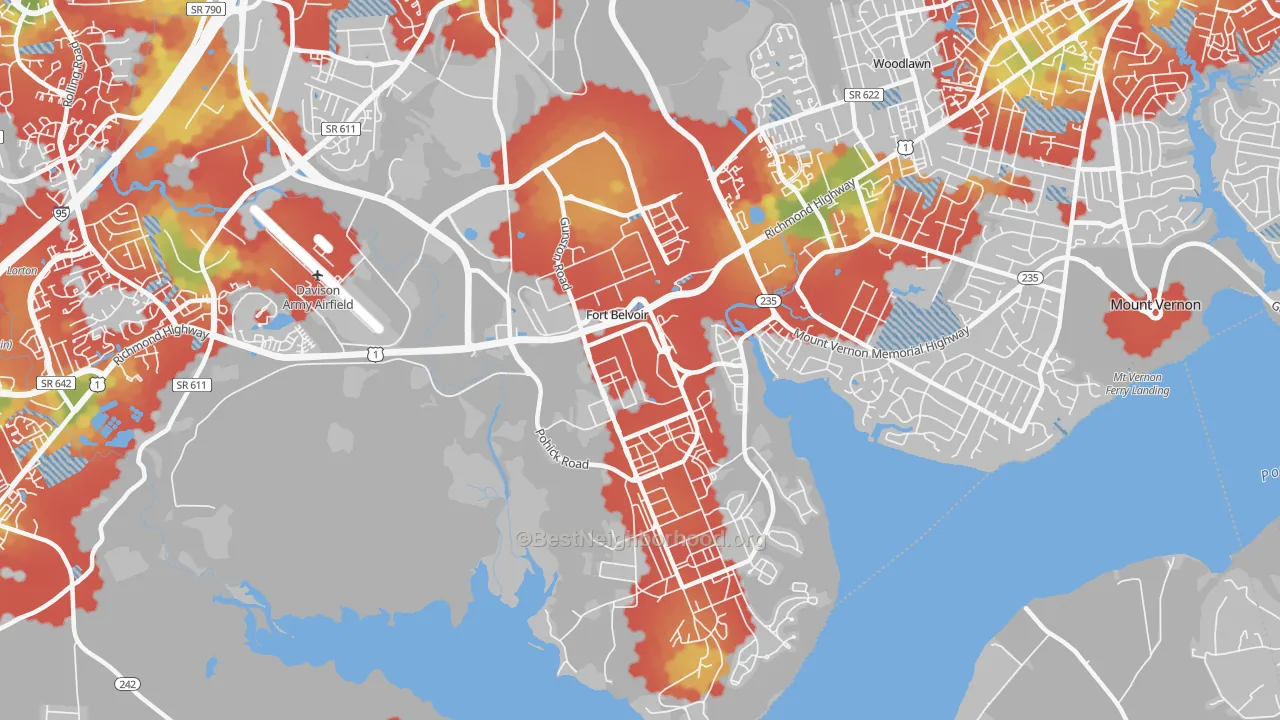 Walk Grade map of 22060, VA, walkable areas in green and car-dependent areas in red