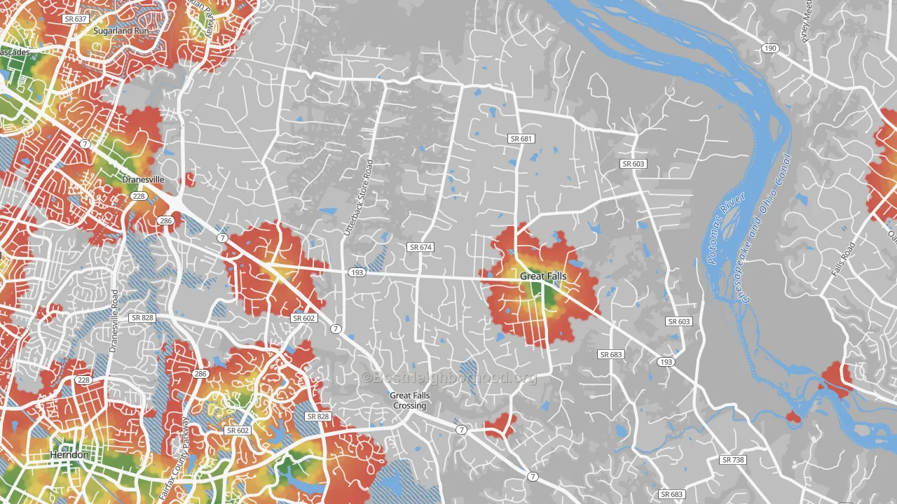 Walk Grade map of 22066, VA, walkable areas in green and car-dependent areas in red