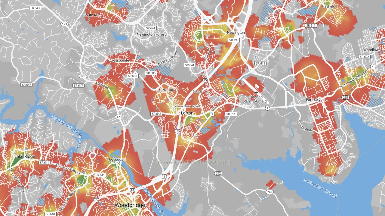 Walk Grade map of 22079, VA, walkable areas in green and car-dependent areas in red