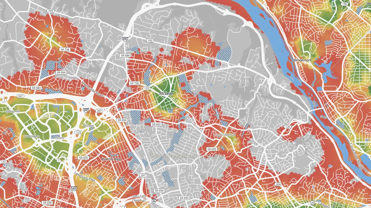 Walk Grade map of 22101, VA, walkable areas in green and car-dependent areas in red