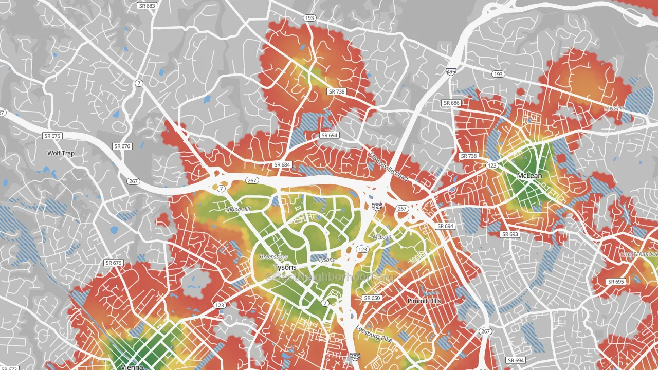 Walk Grade map of 22102, VA, walkable areas in green and car-dependent areas in red