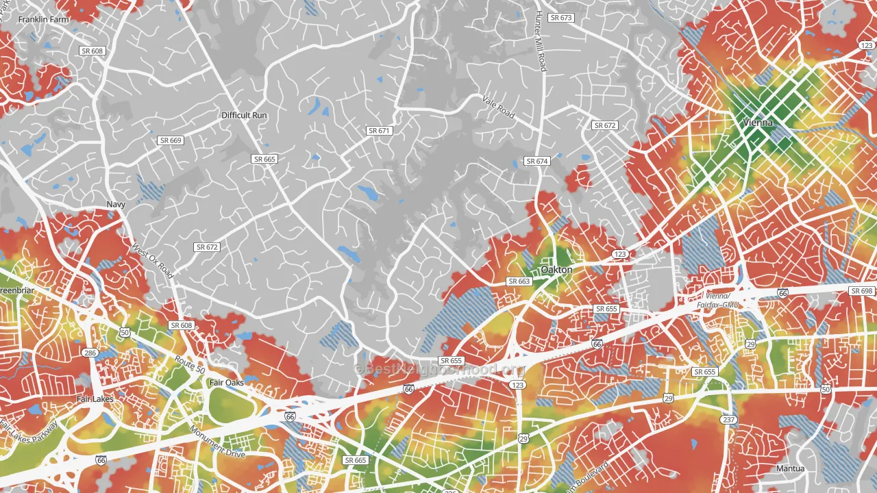 Walk Grade map of 22124, VA, walkable areas in green and car-dependent areas in red