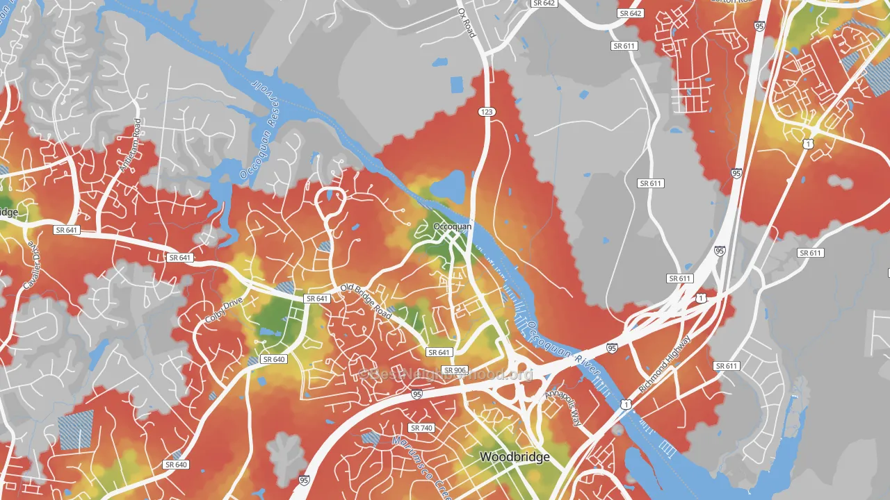 Walk Grade map of 22125, VA, walkable areas in green and car-dependent areas in red