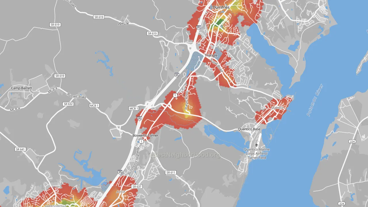 Walk Grade map of 22134, VA, walkable areas in green and car-dependent areas in red