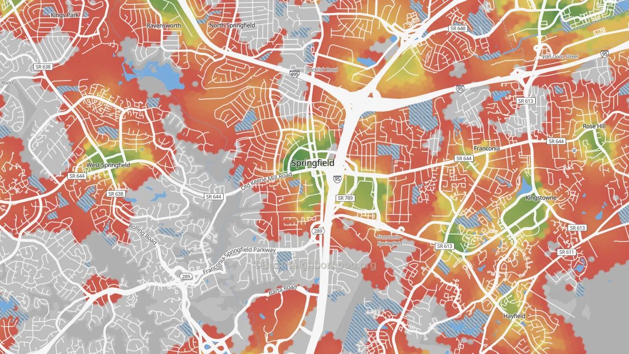 Walk Grade map of 22150, VA, walkable areas in green and car-dependent areas in red