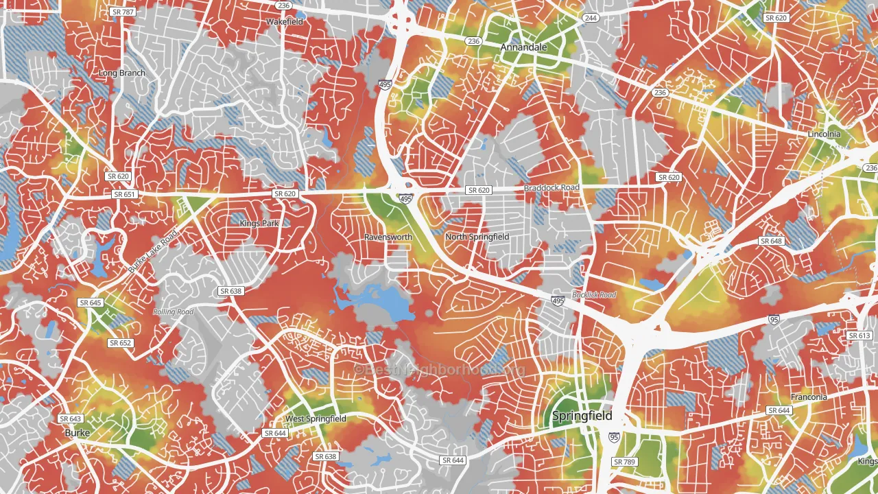 Walk Grade map of 22151, VA, walkable areas in green and car-dependent areas in red