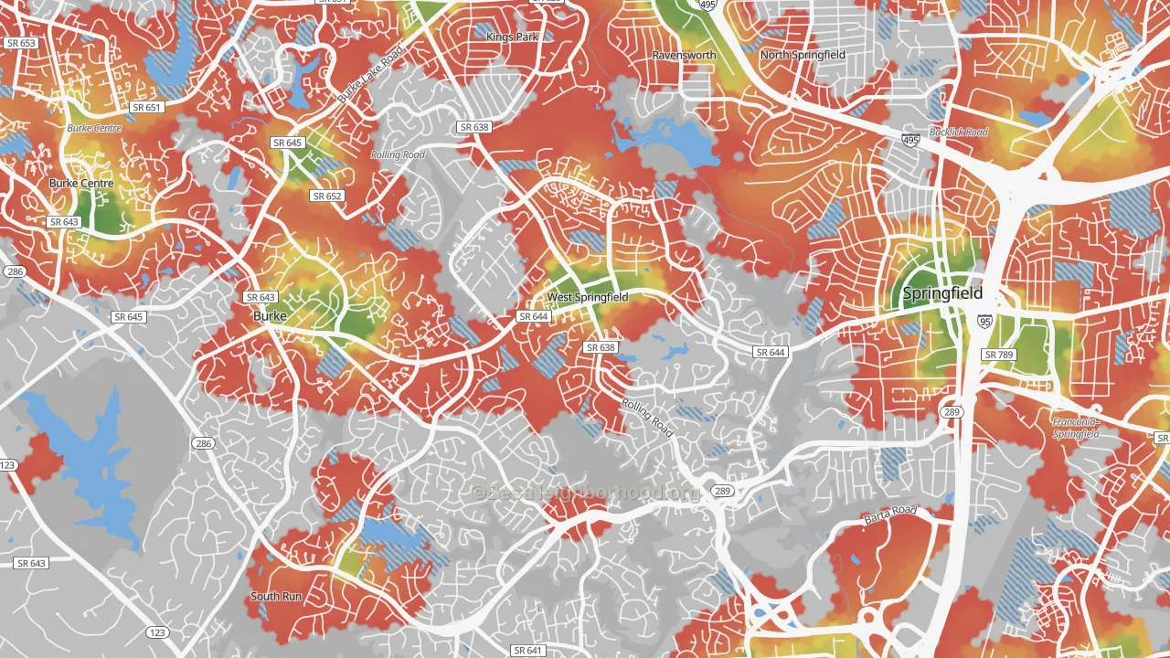 Walk Grade map of 22152, VA, walkable areas in green and car-dependent areas in red