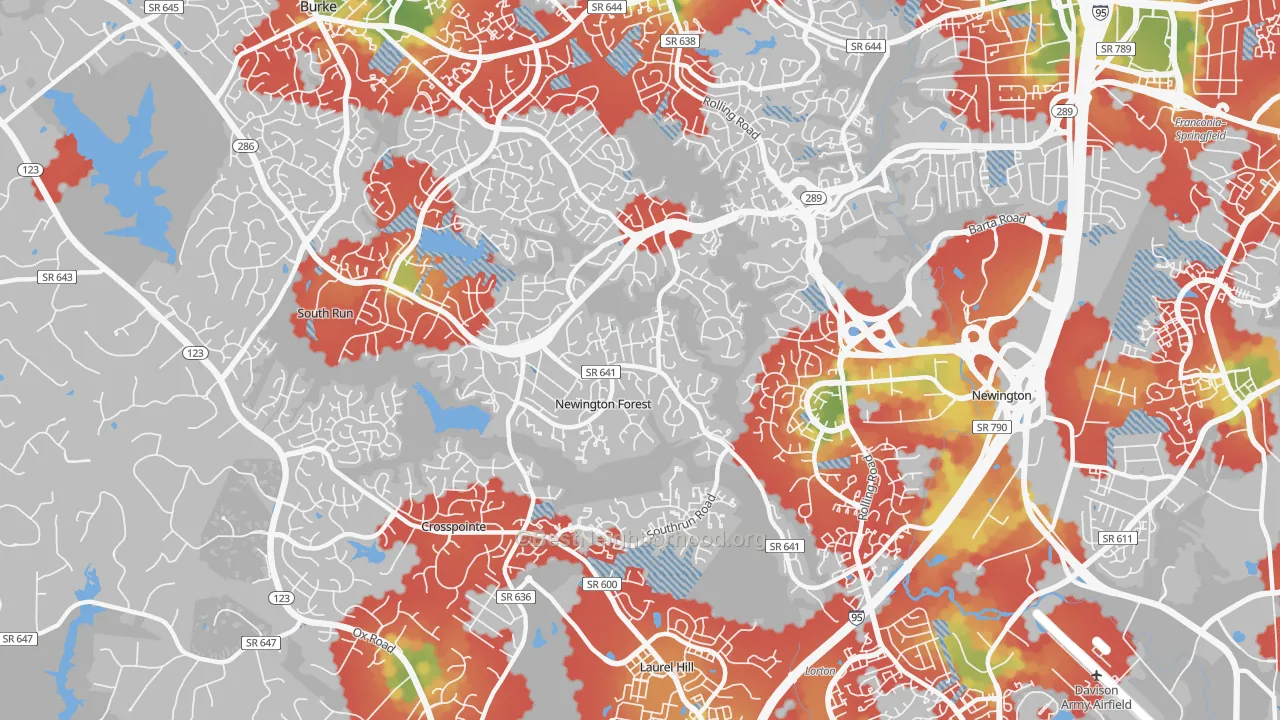 Walk Grade map of 22153, VA, walkable areas in green and car-dependent areas in red
