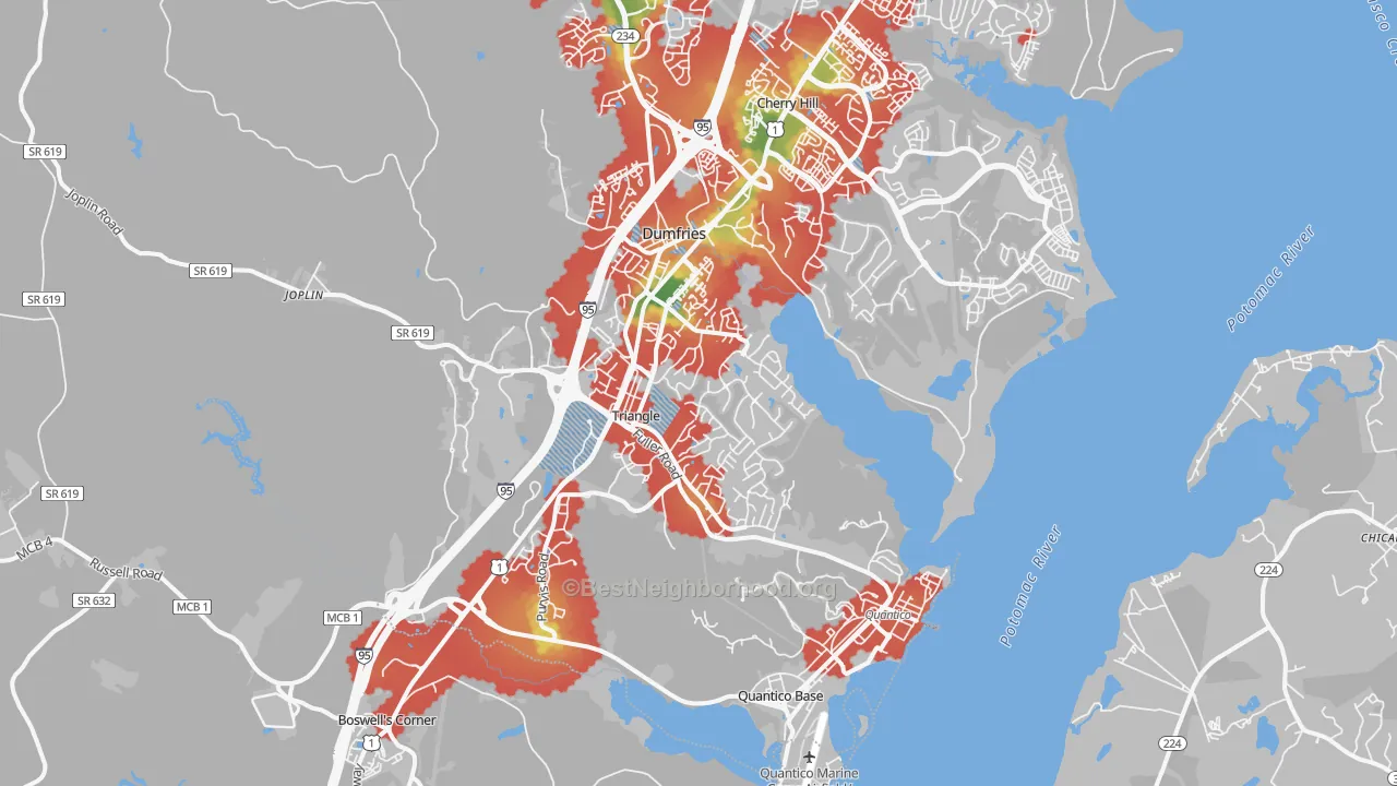 Walk Grade map of 22172, VA, walkable areas in green and car-dependent areas in red