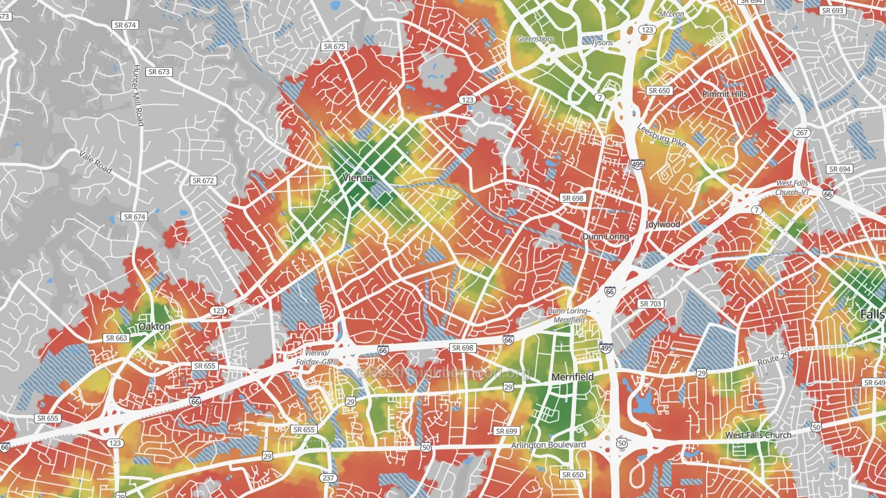 Walk Grade map of 22180, VA, walkable areas in green and car-dependent areas in red